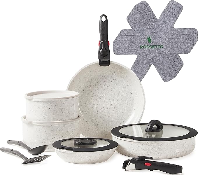 17pcs Pots and Pans Set Non Stick from France, Ceramic Cookware Set with Removable Handle, Induction RV Kitchen Cookware Set, Stackable, PFOA and PFAS Free, Oven Safe