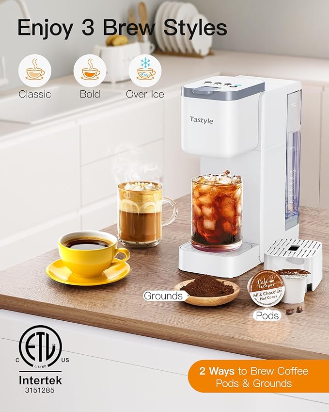 Single Serve Hot & Iced Coffee Maker with Strong Brew, 40oz Removable Reservoir, 6 Brew Sizes, Compatible with K Cup and Grounds, Compact for Home, Office, RV and Dorm, White (2.0 Version)