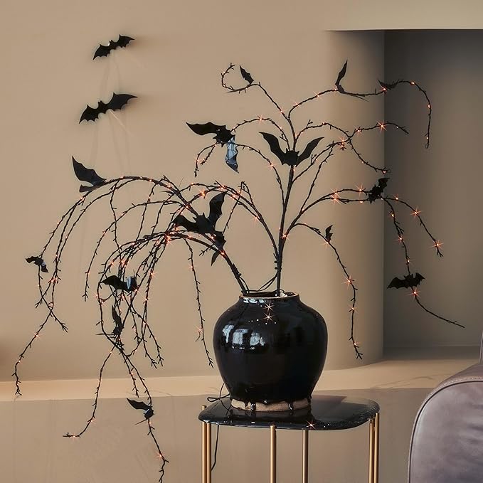 LITBLOOM Halloween Tree Branches with Lights 43IN 180 Orange and Warm White Fairy Lights, Lighted Black Weeping Willow Branches with Bats Dimmer and Timer for Home Fall Halloween Decoration