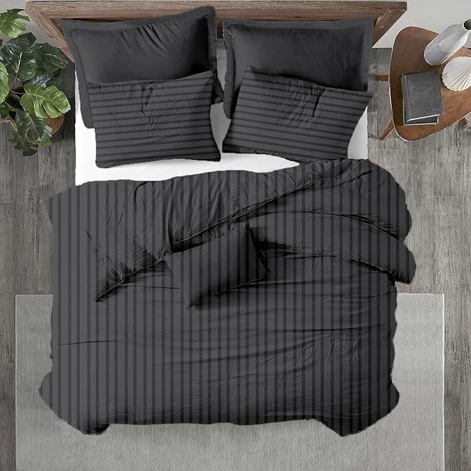 Kotton Culture 3 Pc Queen Size Duvet Cover Set- 100% Egyptian Cotton Sateen 600 TC Ultra Soft Premium Durable Comforter Cover Zipper Closure & Corner Ties (Striped Dark Grey, Queen/Full 90" X 90")