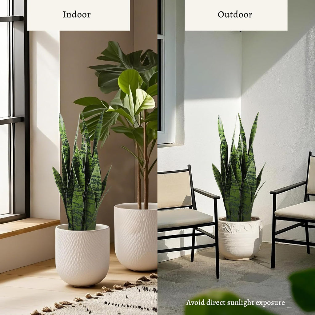 KOL 25.6’’ 2-Pack Artificial Snake Plant, Faux Sansevieria Indoor Plants, 32 Lifelike Leaves, Home Office Garden Room Decor Mother in Law Tongue, 2ft Fake Potted Houseplant, Green