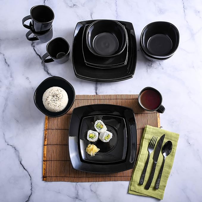 Gibson Elite Soho Lounge Square Reactive Glaze Stoneware Dinnerware Set, Service for 4 (16pc), Black