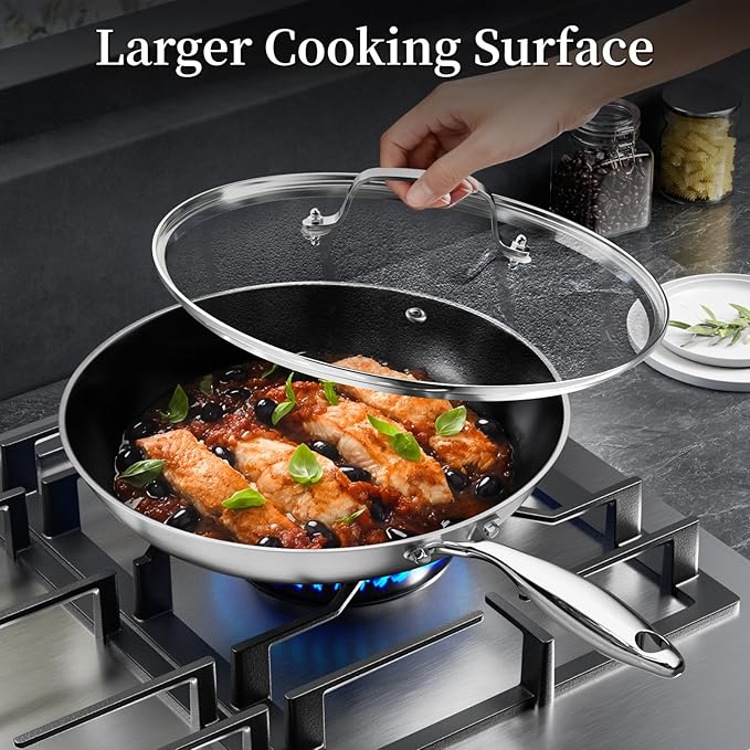 Stainless Steel Frying Pan with Lid 12 inch Titanium Ceramic Nonstick Frying Pan,Skillet with Stay-Cool Handle Non Toxic Healthy Ceramics Egg Pans,PFAS PFOA PTFE Free,Suitable for All Stove