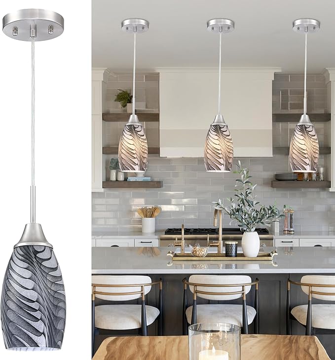 Mini Glass Pendant Light 4.72" with Handblown Black Gray Marble Art Glass Hanging Light 3-Pack Oval Ceiling Hanging Light Fixture for Dining Room Kitchen Island Cafe Foyer Hallway