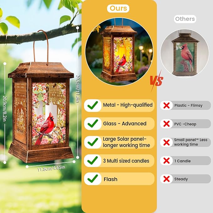 Cardinal Solar Lanterns Outdoor Waterproof, Metal & Glass Hanging Lights Garden Decor, Birthday Gifts for Women Mom Grandma Mothers Day, Decorative Lights for Outside Yard Patio Backyard Porch