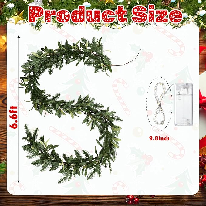 6.56 ft Christmas Artificial Olive Vine with Pine Garland with 9.84 ft LED Fairy Lights Battery Operated Green Dense Artificial Vines for Table Runner Center of Holiday Wedding Arch Party Mantle