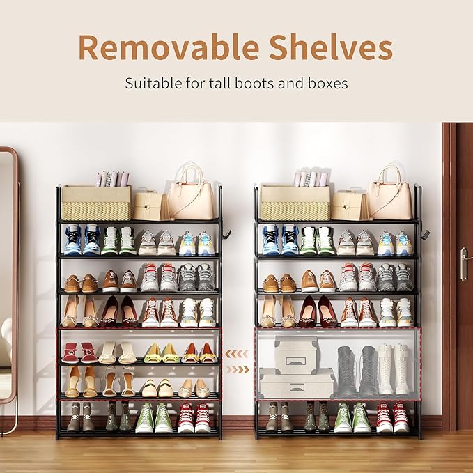 Metal Shoe Organizer,7 Tiers Shoe Storage Shoe Rack with Hooks,Fit 28-35 Pairs,Adjustable Shoe Shelf for Entryway,Hallway,Bedroom,Metal Bottom Support