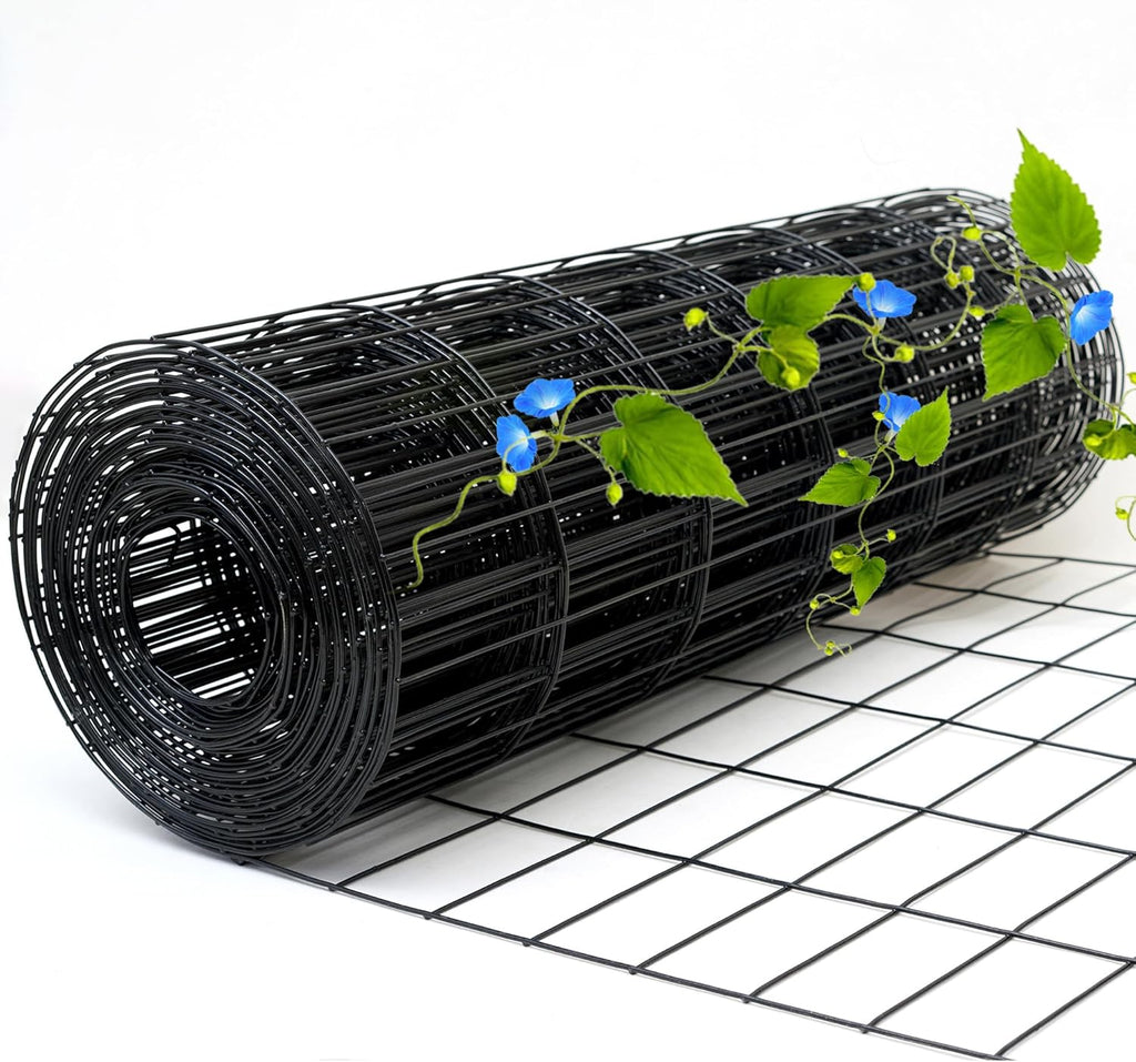 Black Metal Garden Fence, 60inch(H) x 50ft(L), 2 inch x 4 inch,12.5GA 2/3/4/5/6 Ft Tall Chicken Wire PVC Coated Welded Wire Mesh Roll for Dogs Border Yard Vegetable Plant Protection Poultry Netting