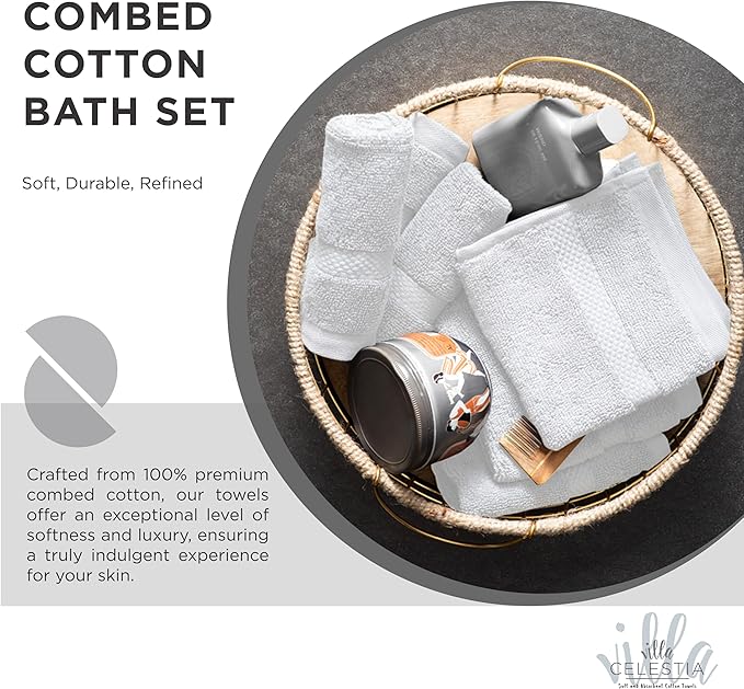 100% Cotton Bath Towel Set of 12-4 Bath Towels, 4 Hand Towels, 4 Wash Cloths, Sustainable, Soft, Highly Absorbent, Combed Cotton 12 Piece Set for Hotels, Spa, Bathroom, Dorm, White