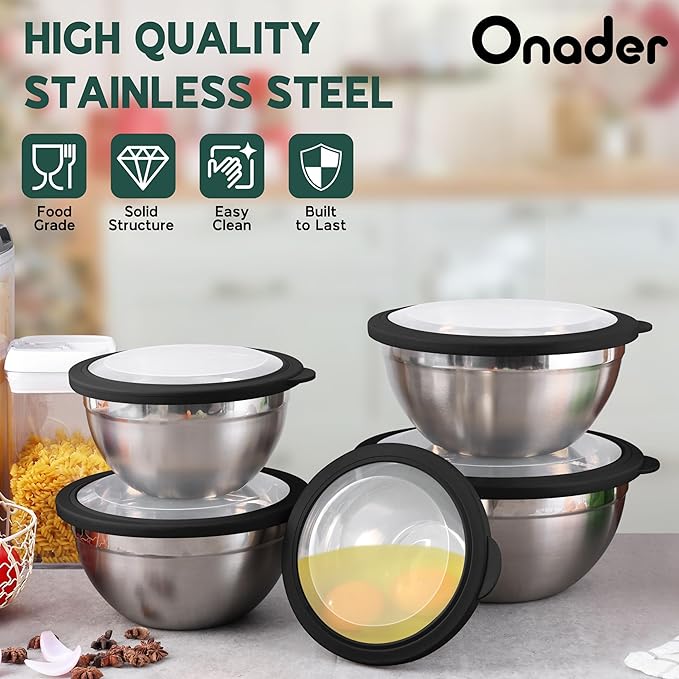 Stainless Steel Mixing Bowls with Black Lids, Metal Nesting Mixing Bowl Set of 5 - Size 1.5, 2, 2.6, 3.5, 4.6QT