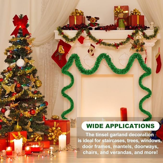 50 Feet Green Christmas Tinsel Garland, Metallic Foil Twist Banner Wall Hanging Tinsel Streamers Backdrop for Parade Floats, Christmas, Mother's Day, Birthday Party Decorations(2in x 50ft)