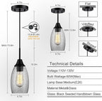 Mini Glass Pendant Light 1-Light 4.72" Handblown Black Seeded Clear Glass Shade,with Matte Black Metal Adjustable Cord Ceiling Light Fixture for Kitchen Island Sink