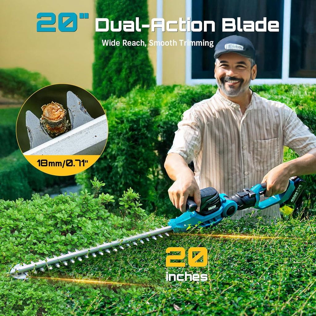 SEESII Pole & Cordless Hedge Trimmer 2-in-1: Electric Bush Trimmer with 20" Dual-Action Blade - 2 Pcs 4.0Ah Batteries, Telescopic Pole, Adjustable Rotating Head, Handheld Hedge Cutter for Tree Shrubs