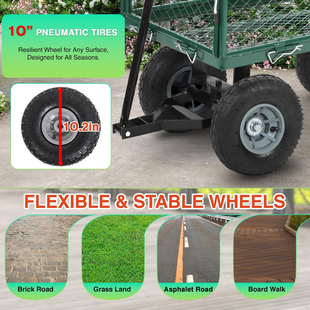 FDW Garden Cart Streel Heavy Duty 500 LBS Capacity，Utility Cart Wagon with Removable Sides and 180°Rotating Handle for Yard, Lawn and Garden Hauler (Dark Green)