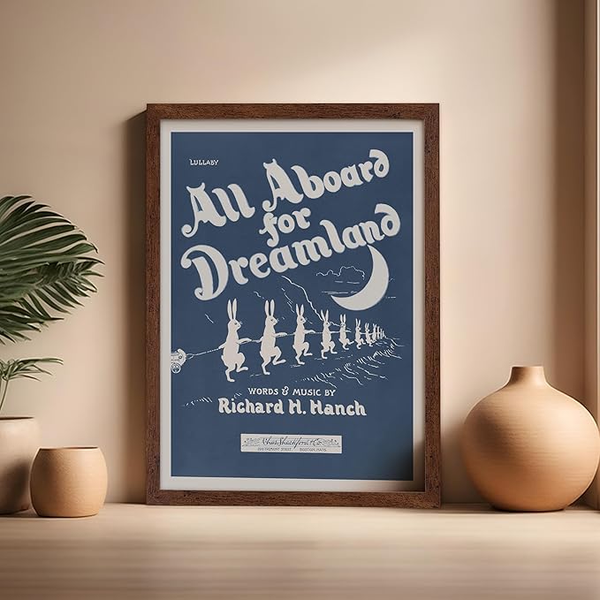 Poster Master All Aboard For Dreamland Poster - Retro Children's Lullaby Print - Story Book Art - Bunny Art - Rabbit Art - Aesthetic Art - Kid's Bedroom or Nursery Wall Decor, 16x20 Brown Framed