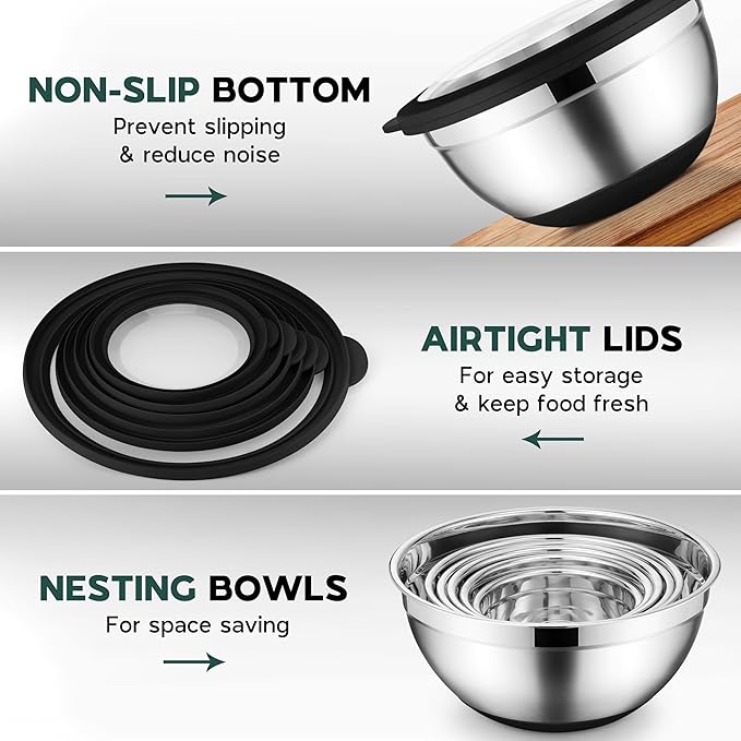 Mixing Bowls with Lids Set of 6 for Kitchen, Stainless Steel Metal Nesting Bowls with Non-Slip Bottom Black - Size 1, 1.5, 2, 2.6, 3.5, 7QT