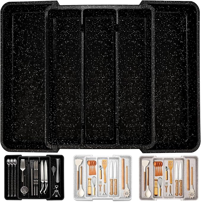 Utensil Drawer Organizer for Kitchen Cutlery, Expandable Large Silverware Organizer, Adjustable Cooking Utensil Tray, Plastic Spatula Tools and Gadgets Storage Divider, Marble Design, Black