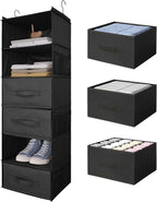 6-Shelf Hanging Closet Organizer with Drawers, Wardrobe Clothes Storage Foldable Portable Hanging Closet Shelves for Clothes Shoes, 47"x13.75"x12.25", Black