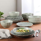 Gibson Elite Malibu Shore 16 Piece Scallop Stoneware Reactive Glaze (Service for 4) Ceramic Plates and Bowls Dinnerware Set - Green