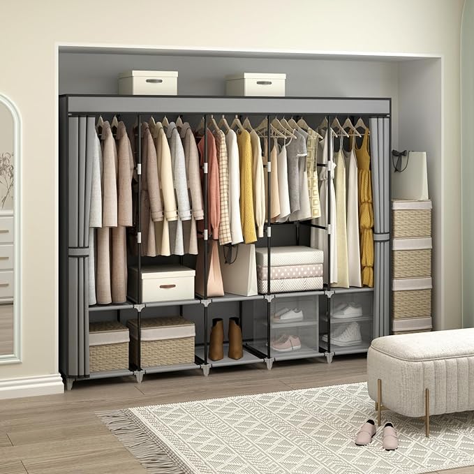 83 Inch Wide Portable Closet Wardrobe, Clothes Storage Rack Organizer with Cover, 5 Clothes Hanging Rods and 10 Storage Shelves, Grey