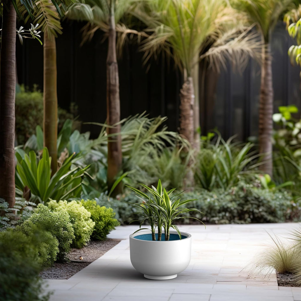 Kante 17.7 Inch Dia Concrete Bowl Planter, Large Tapered Bottom Plant Pot with Drainage, Smooth White Finish with Aqua Blue Interior, Ideal for Porch, Home, Garden, Patio