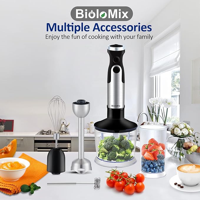 BioloMix Hand Blender 5 in 1 Immersion Blender 1000W, 6 Speed With Turbo Mode hand blenders immersion Stainless Steel Blade With 800ml Chopper, 600ml Mixing Beaker, Whisk and Milk Frother