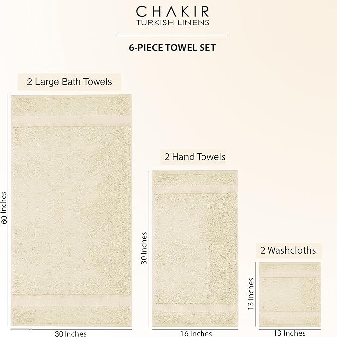 Chakir Turkish Linens 100% Cotton Premium Turkish Towels for Bathroom, 2 Large Bath Towels, 2 Hand Towels, 2 Washcloths (6-Piece Towel Set, Beige)