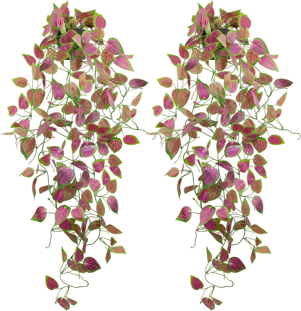 LOYWREE 2 Pack Artificial Purple Ivy Hanging Vine Plants - Small Potted Long Trailing Cascading Foliage, Gothic Home Decor for Indoor/Outdoor, Office, Garden & Shelf (Black Pot Included)