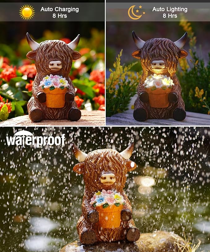 Nacome Solar Garden Highland Cow Holding Succulent Planter with LED Lights Outdoor Decor for Outside Yard Patio Balcony Porch Decorations - Birthday Gifts Mom Grandma Women(Brown)