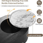WILLIAMSPACE 47.2" Oval Lift Top Coffee Table with 360-degree Marble-Patterned Rotating Tray, Modern Wooden Center Table Side End Table Lift Tabletop with Hidden Compartment for Living Room, Black