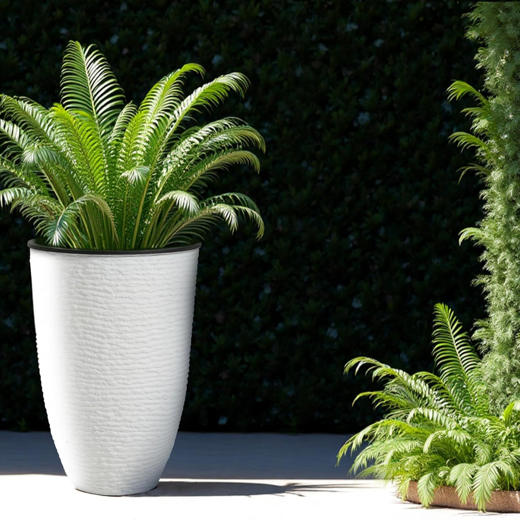 WORTH Garden 2-Pack 21" H. White Tall Planters with Inside Pots - 14'' Dia Plastic Large Round Plant Tree Pots - Decorative Imitation Stone Finish for Indoor Outdoor Front Porch Container Patio