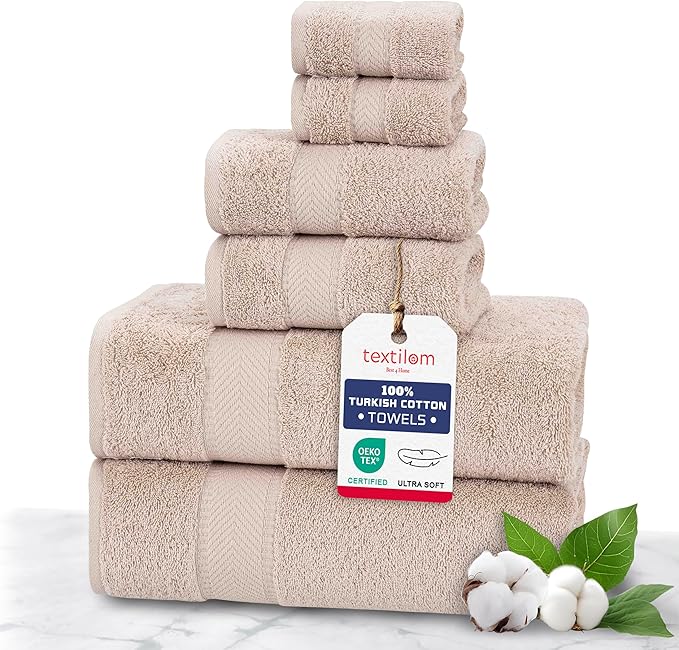 TEXTILOM 100% Turkish Cotton 6 Pcs Bath Towel Set, Luxury Bath Towels for Bathroom, Soft & Absorbent Bathroom Towels Set (2 Bathtowels, 2 Hand Towels, 2 Washcloths)- Beige