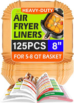 Air Fryer Liners Disposable,125Pcs 8Inch Airfryer Liners with Air Fryer Cheat Sheet Cooking Guide Booklet, Non-Stick Parchment Paper Square, Air Fryer Cookbooks Recipes