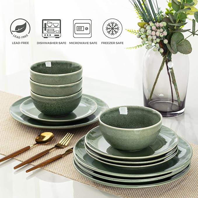 AmorArc Ceramic Dinnerware Sets for 4, 12 Pieces Handpainted Plates and Bowls Set, Scratch Resistant Stoneware Dishes Set, Dishwasher & Microwave Safe, Jade Green