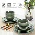 AmorArc Ceramic Dinnerware Sets for 4, 12 Pieces Handpainted Plates and Bowls Set, Scratch Resistant Stoneware Dishes Set, Dishwasher & Microwave Safe, Jade Green