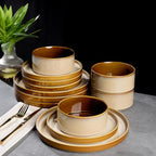 LERATIO Ceramic Dinnerware Sets for 4,Round Reactive Glaze Ceramic Plates and Bowls Set,Highly Chip and Crack Resistant | Dishwasher & Microwave Safe Dishes Set,Service for 4 (12pc)-Kahki