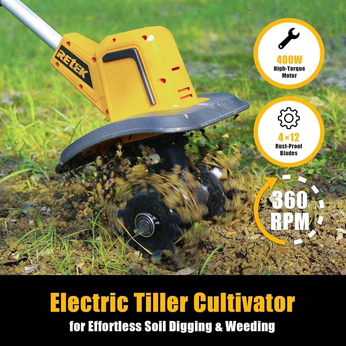RETEK Adjustable Cordless Tiller, Compatible with Dewalt 20V Battery(Tool Only), 360RPM Electric Garden Tiller, 9.06In Tilling Width & 7.09In Depth, Portable Tiller for Flower Beds/Plant Cultivation