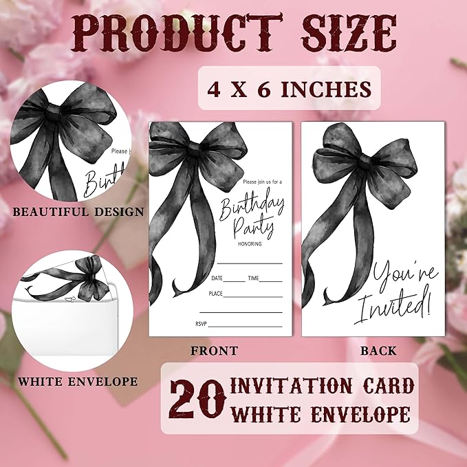 SIXEIGHT Black Bow Birthday Invitations, Black Ribbon Bow Birthday Party Invitations, 20 Party Invitations with Envelopes for Girls Boys, Birthday Party Favor & Decoration (4"x6")-A02