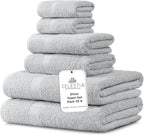 100% Combed Cotton Bathroom Towel Set of 6- 2 Bath Towels, 2 Hand Towels, 2 Wash Cloths, Sustainable, Soft, Highly Absorbent 6 Piece Cotton Bath Towel Set Ideal for Hotels, Spa, Bathroom, Dorm, Silver