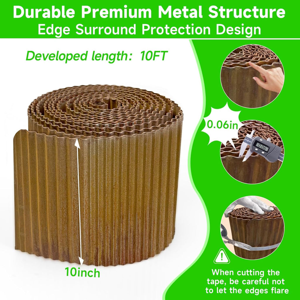 Corrugated Garden Edging, 10"×10Ft Pre-Rusted Landscape Edging & Lawn Edging Border, Metal Garden Border for Flower Beds, Garden，Lawn，Raised Beds & Tree Surrounds