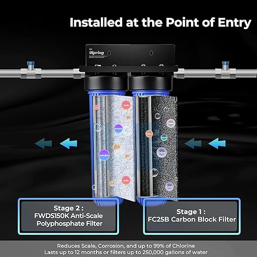 iSpring Whole House Water Filter System, Reduces Scale, Corrosion, Chlorine, Taste, Odor, 2-Stage Water Descaler and Water Filter, Model: WGB22B-DS