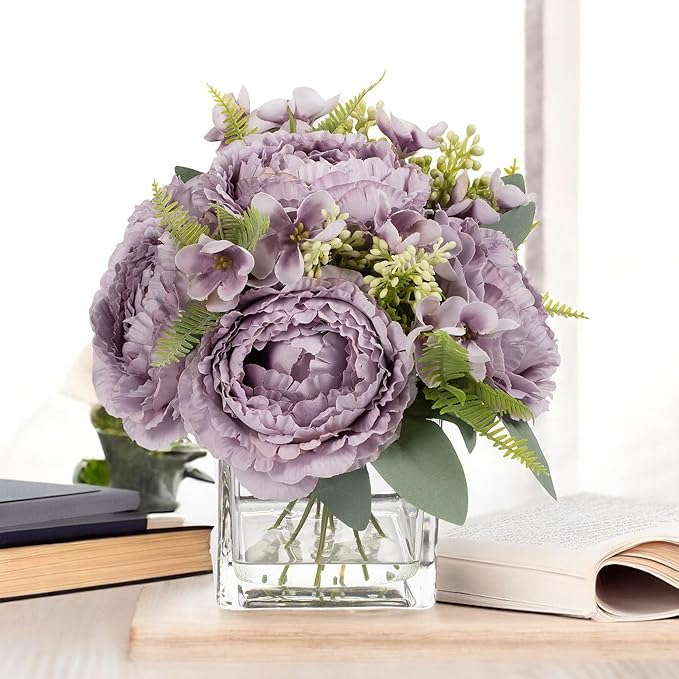 ENOVA FLORAL Artificial Flower Arrangement with Vase,Mixed Artificial Silk Peony Flower in Vase for Decoration Home Office, Wedding Centerpiece (Purple02)