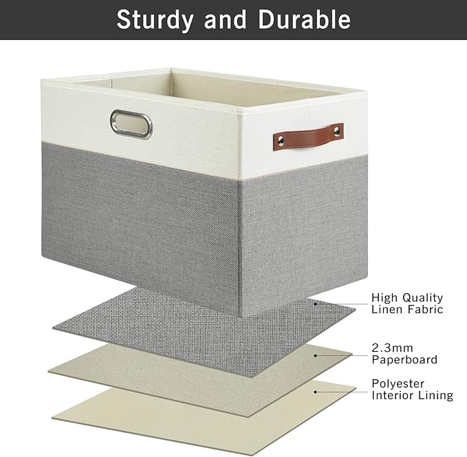 Large Collapsible Fabric Storage Bins with 3 Handles, Foldable Organizer Baskets for Closet, Shelves, Living Room | 3 Pack, Durable PU & Metal Handles (17"x11.8"x11.8", Gray & White)