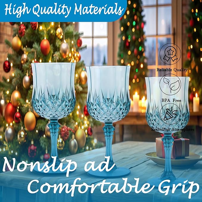 Plastic Wine Glasses，Plastic Goblets Vintage Style Cordial Drinking Glasses for Wedding Reception, Grand Event Party Supplies (24, Dusty Blue)