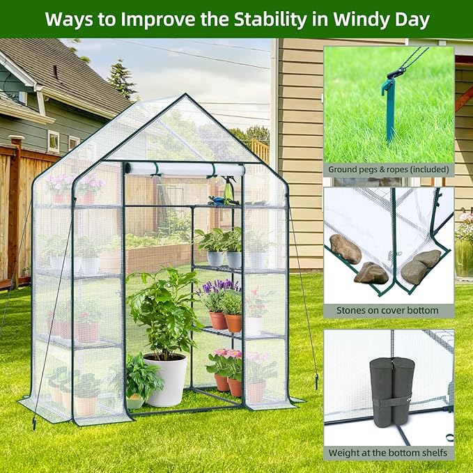 Ohuhu Small Greenhouse for Outdoors: 4 Tiers 6 Shelves Walk-in Indoor Green House Heavy Duty Plant Stands Reinforced Plastic PE Cover Mini Portable Warm House for Outside, 4.8x2.5x6.4 FT White