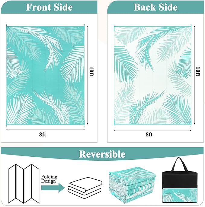 Pauwer Waterproof Outdoor Rug 8x10, Reversible Plastic Straw Patio Camping Rug, Indoor Outdoor RV Mat Carpet for Deck, Camper, Porch, Balcony, Backyard, Picnic, Leaf Light Blue