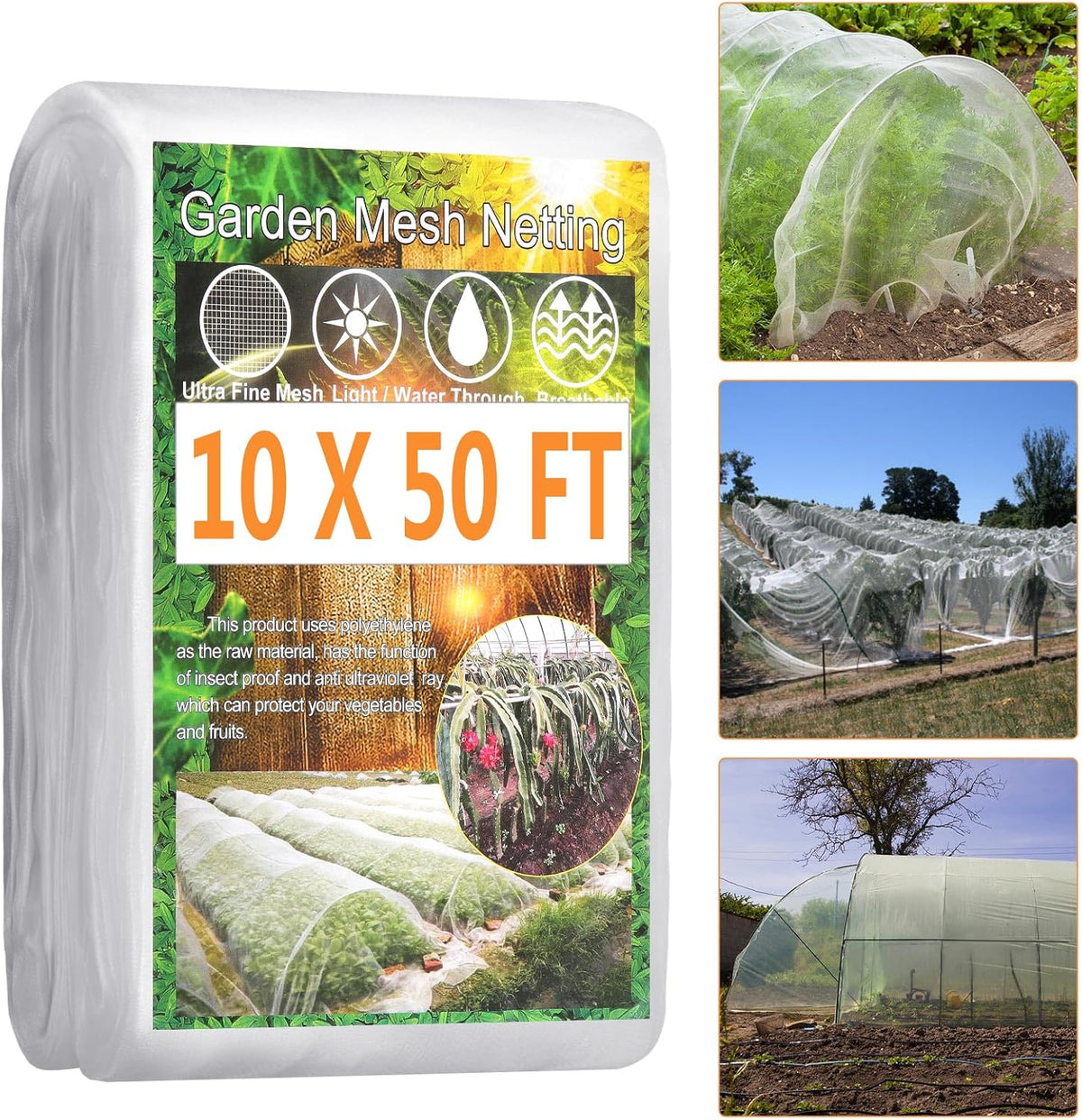 Garden Netting Pest Barrier, 10 X 50FT Insect Netting for Garden Raised Beds, Garden Bug Netting Plant Mesh for Blueberry Bushes, Figs, Plants, Vegetables Protection