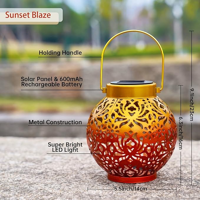 Outdoor Solar Hanging Lantern Lights Metal LED Decorative Lamp for Garden Patio Courtyard Lawn and Table with Hollowed-Out Design (Sunset Blaze)