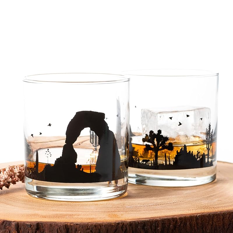 Desert Landscape Whiskey Glasses - Hand-Printed Rock Glass Set - Dishwasher Safe Tumbler Glass Set by Black Lantern - Set of 2 11oz. Glasses