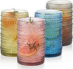 Vintage Glassware Set - 4pcs Multicolor 15.2oz Hobnail Drinking Glasses for Beer, Cocktail, Soda & Juice - Embossed Old Fashioned Glassware with Four Unique Colors